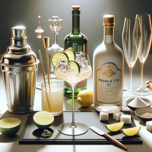 DALL·E 2023-11-18 16.33.59 - An elegant and subtly animated illustration of a cocktail setup for a French 75. The scene includes a stylized shaker glass with ice, a bottle of gin,