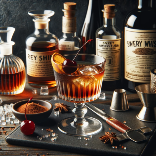 Photo of a classic bar setting showcasing a clear cocktail glass containing a dark amber drink, garnished with a cherry. Ingredients like rye whisky,