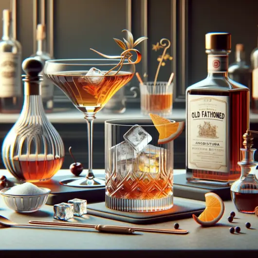 DALL·E 2023-11-18 17.22.22 - An elegant and subtly animated illustration of a cocktail setup for an Old Fashioned. The scene includes a stylized old fashioned glass with ice, a bo