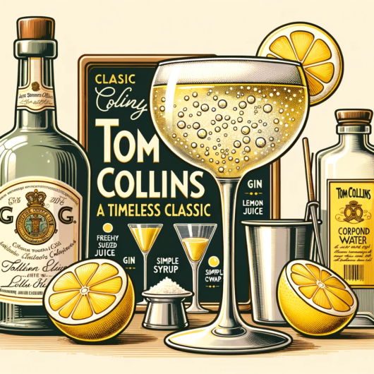 Illustration-of-a-classic-bar-setting-showcasing-a-clear-cocktail-glass-containing-a-bubbly-Tom-Collins-drink-garnished-with-a-lemon-slice.-Ingredien