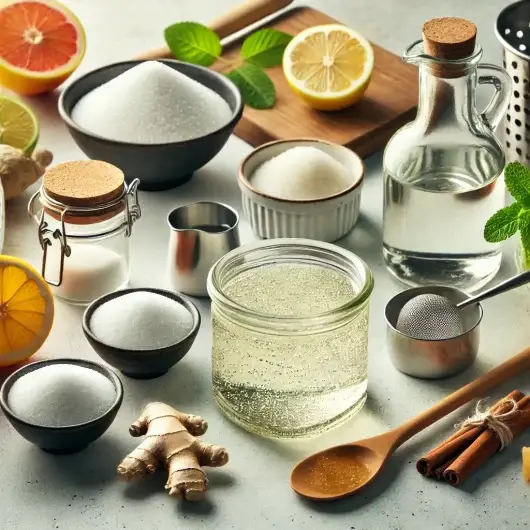 DALL·E 2024-09-15 14.02.37 - A visually appealing image illustrating the process of making simple syrup for cocktails. The scene includes a glass jar filled with clear syrup, a sm