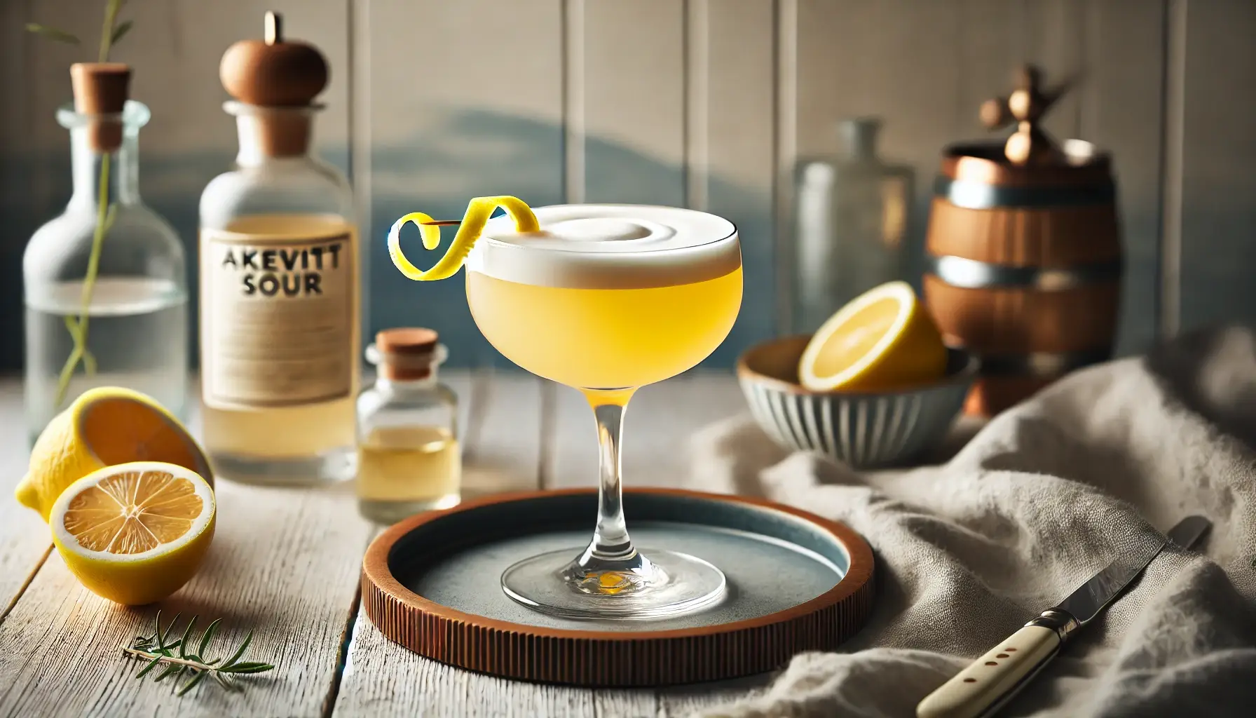 DALL·E 2024-12-02 21.34.54 - A beautifully styled cocktail image for a drink named Akevitt Sour, served in a coupe glass. The drink is a pale yellow shade with a frothy white foam
