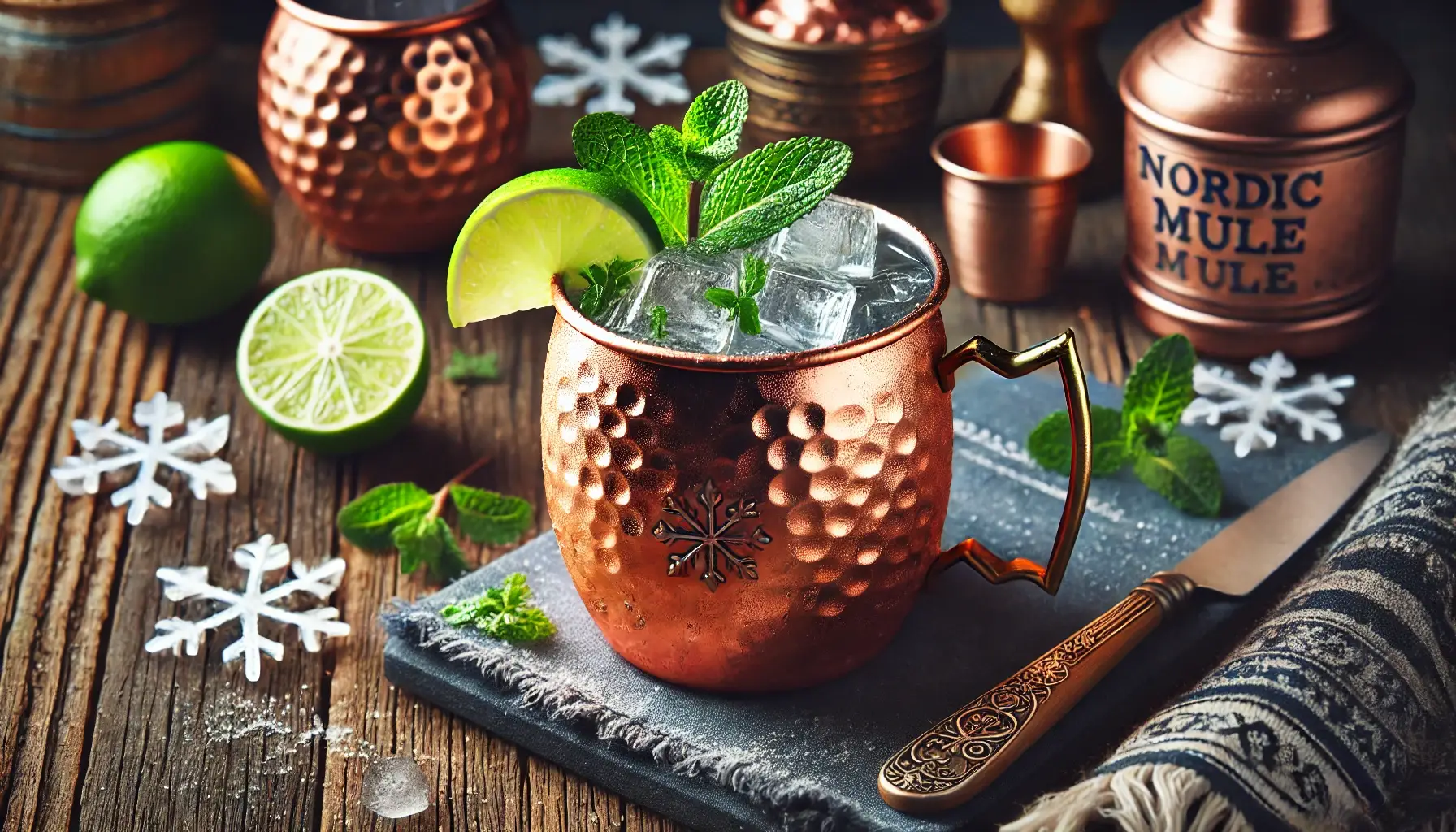 DALL·E 2024-12-02 21.34.58 - A beautifully styled cocktail image for a drink named Nordic Mule, served in a copper mug filled with ice. The drink features a garnish of a lime wedg