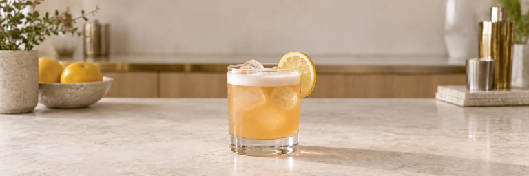 Amaretto Sour med is, et tynt skumlag og sitronskive i et rocks-glass
