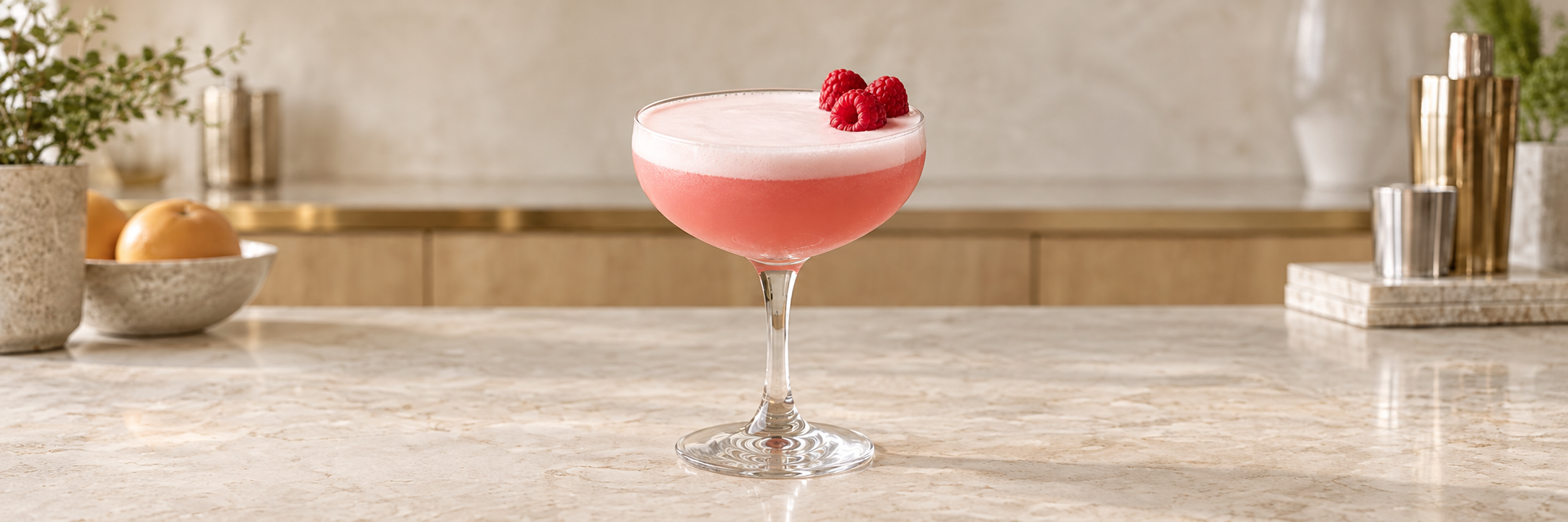 Rosa Clover Club med hvitt skum og bringebær i et coupeglass.