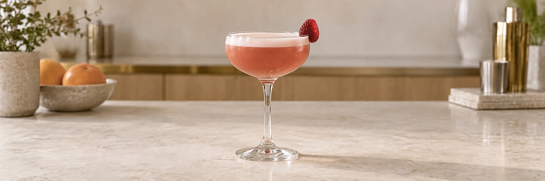 French Martini med lys bærrosa farge, fint skum og et bringebær i et coupeglass