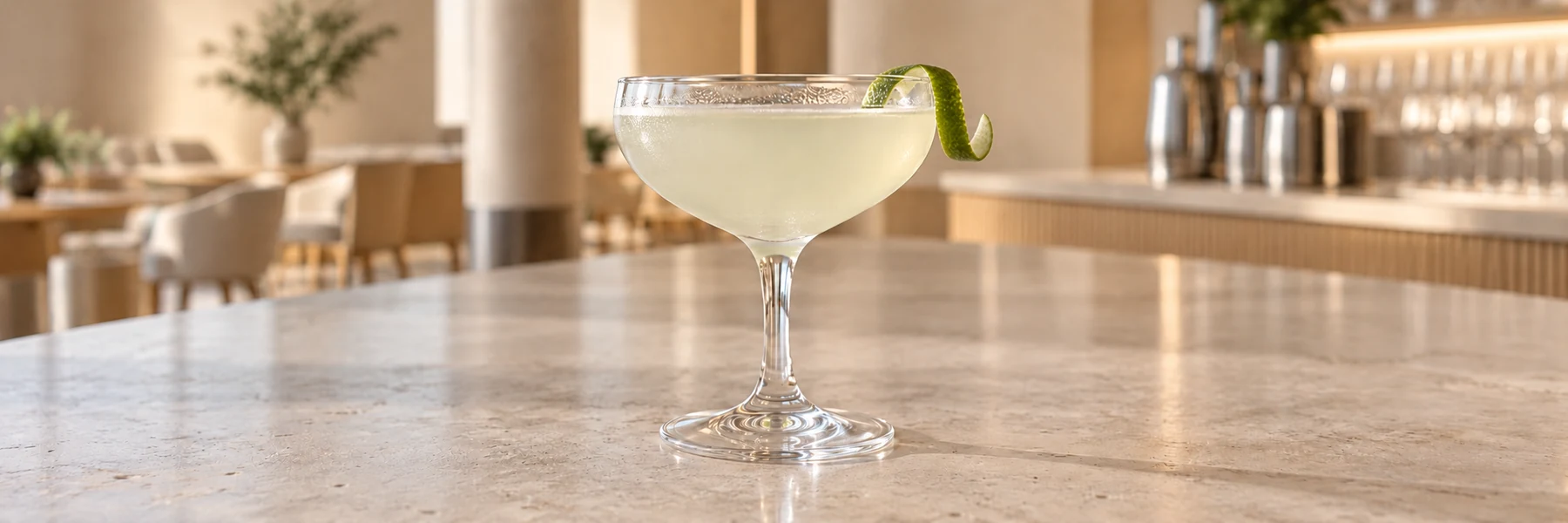 Gimlet med limetvist i et coupeglass, servert uten is