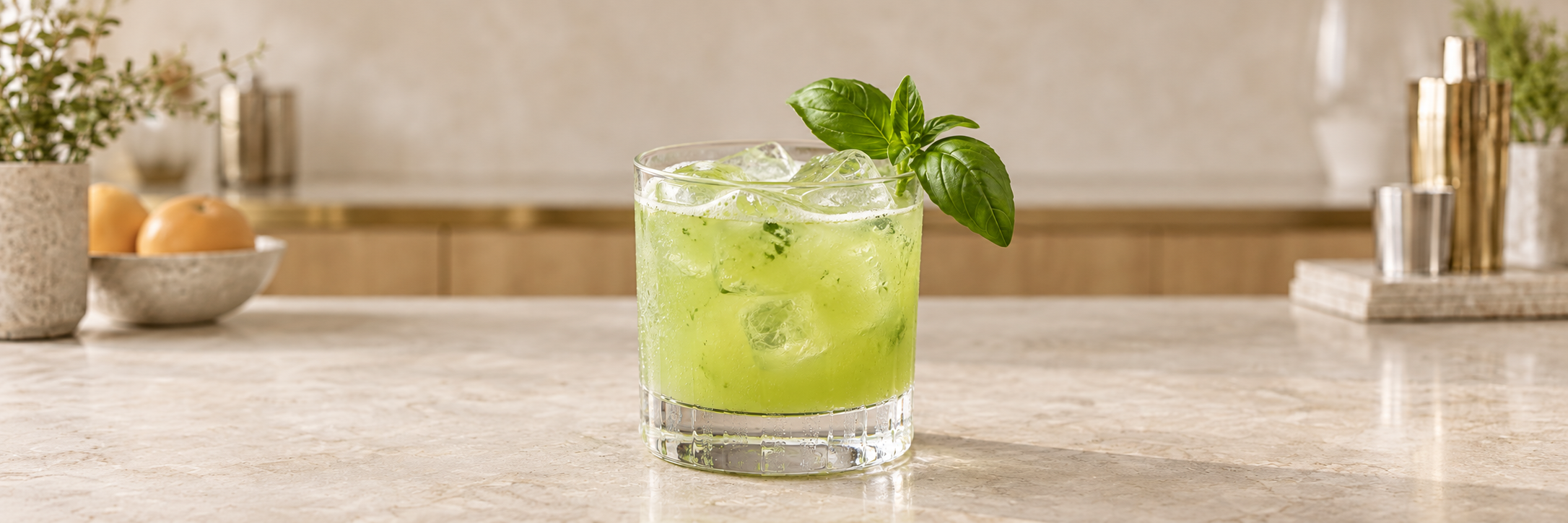 Grønn Gin Basil Smash med is og fersk basilikum i et lavt glass.