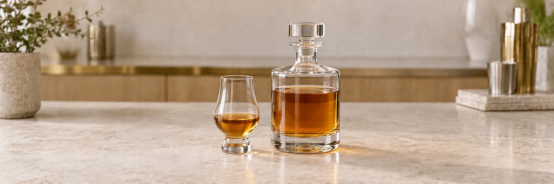 Ravfarget whisky i et lite tulipanglass ved siden av en enkel glasskaraffel på en lys bardisk
