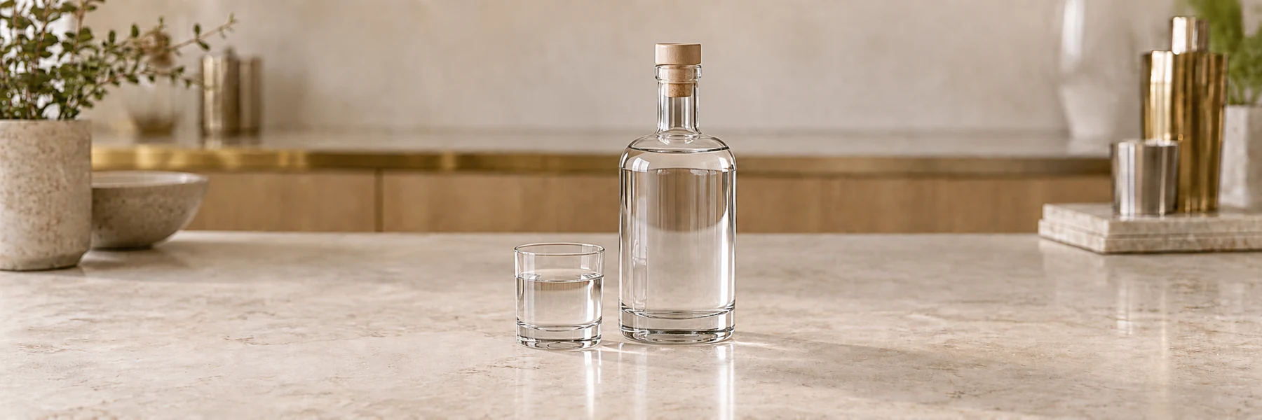 Et lite glass med klar vodka og en umerket glassflaske på en lys bardisk