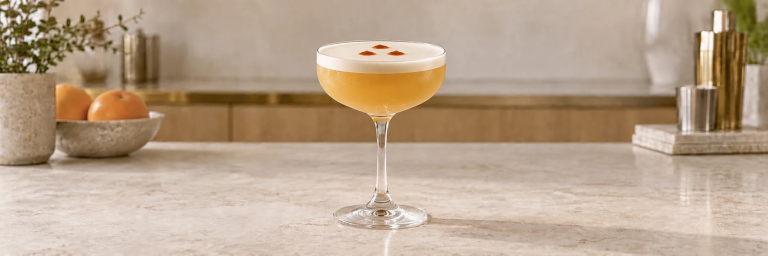 Whiskey Sour i et coupeglass med hvitt skum og tre dråper bitters