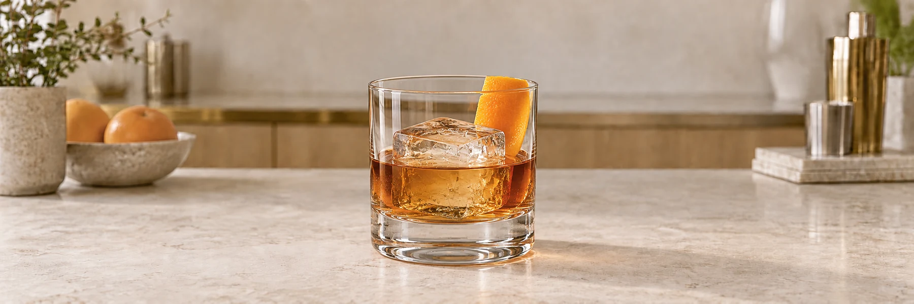 Old Fashioned med en stor isbit og appelsinskall i et lavt glass