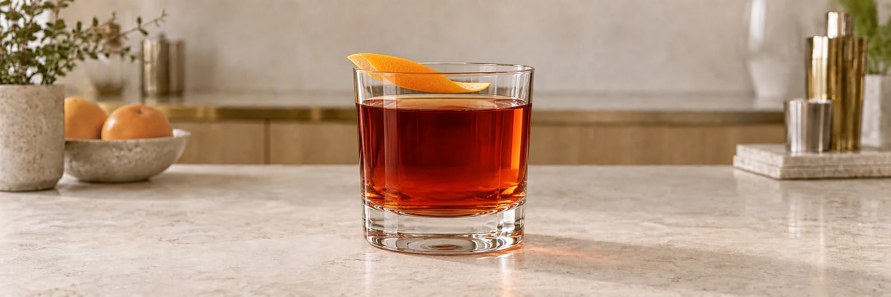 Rødoransje Boulevardier med appelsinskall i et lavt glass uten is