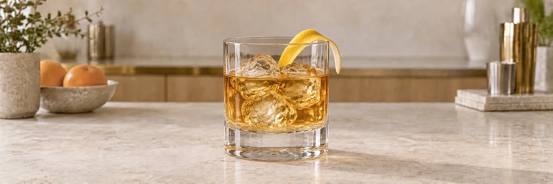 Rusty Nail med is og sitronskall i et lavt glass