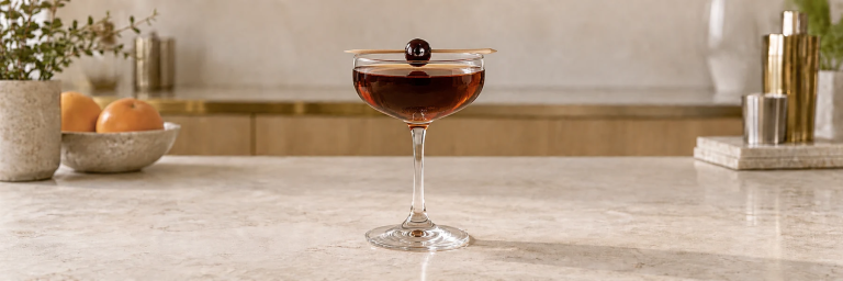 Mørk Black Manhattan i et coupeglass med et cocktailkirsebær på kanten