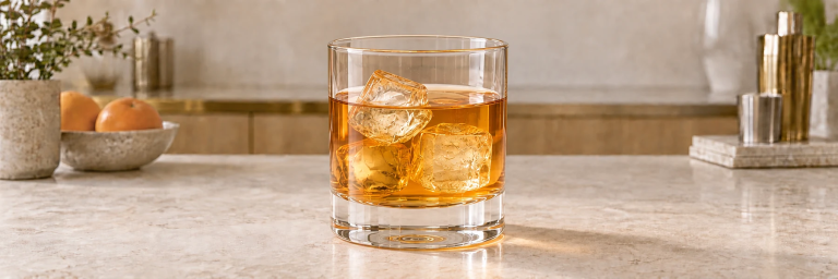 Ravfarget Godfather med is i et lavt glass uten pynt