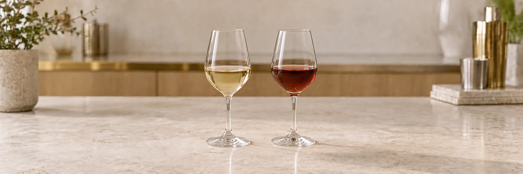 To små vinglass med lys tørr vermut og rød vermut på en lys bardisk