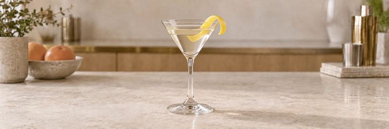 Lofoten Martini med sitronskall i et martiniglass på en lys bardisk