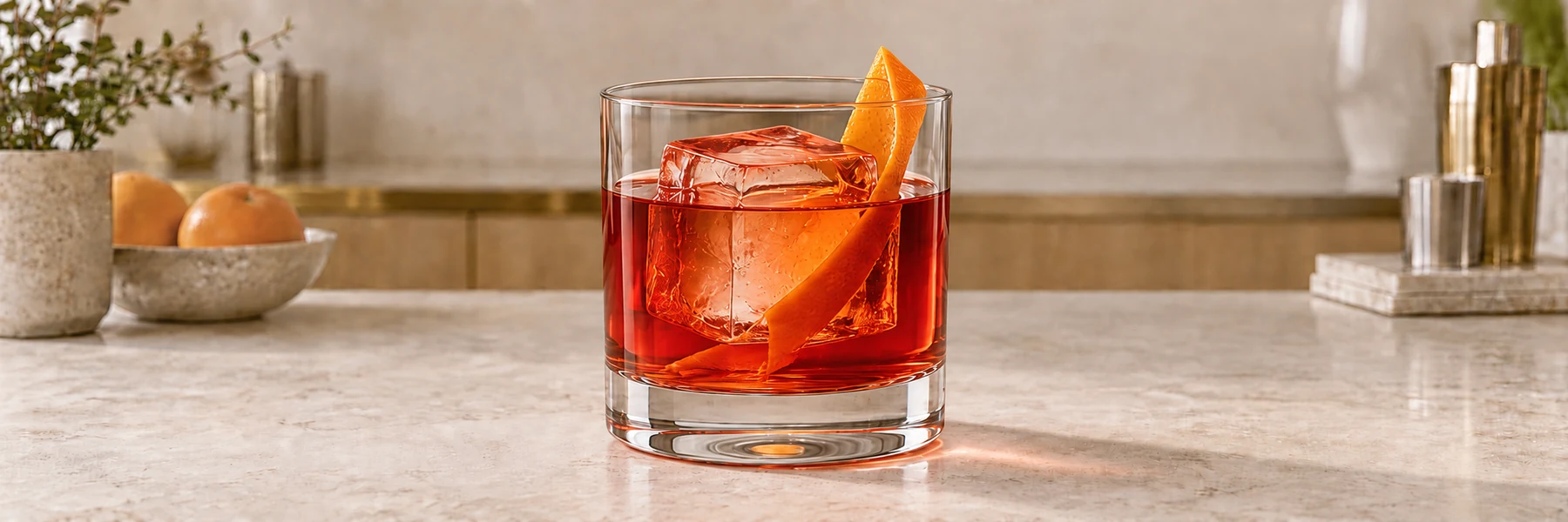 Krydret Negroni med akevitt, stor isbit og appelsinskall i et lavt glass