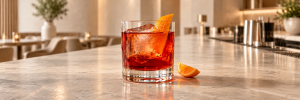 Rød Negroni med is og appelsintvist i et lavt glass