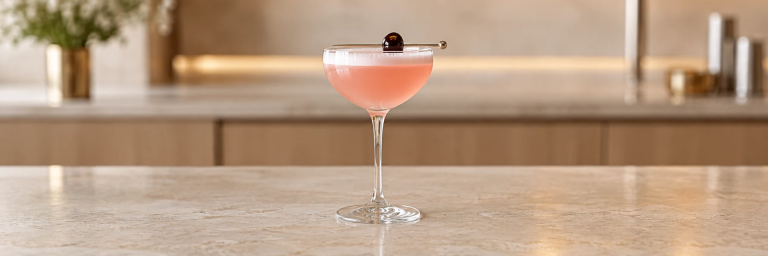 Blekrosa Pink Lady med skum og cocktailbær i et coupeglass