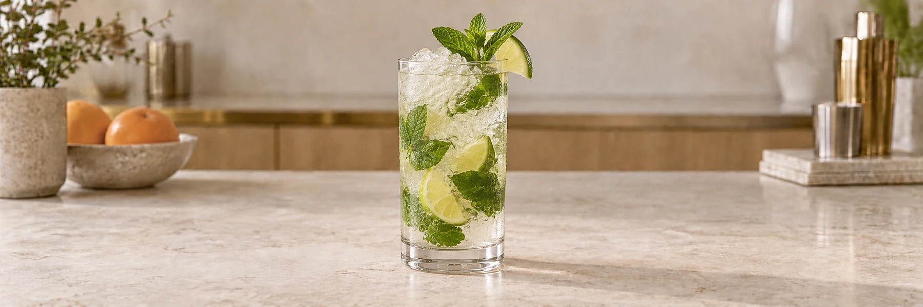 Mojito med knust is, lime og frisk mynte i et høyt glass