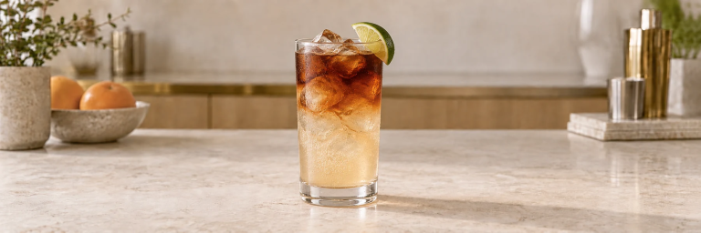 Dark ’n’ Stormy med is, mørkt romlag og limebåt i et høyt glass