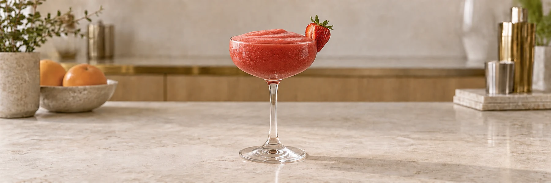 Strawberry Daiquiri med jordbærpynt og tykk slush i et coupeglass