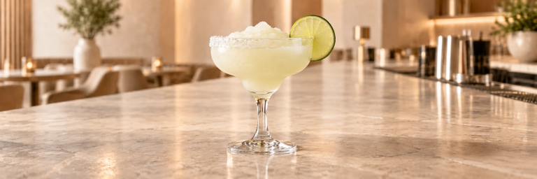 Lys Frozen Margarita som slush i et coupeglass med delvis saltkant og limeskive