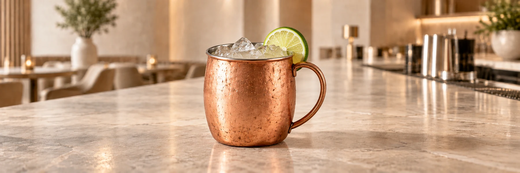 Mexican Mule med is og limeskive i en kobberfarget mule-kopp