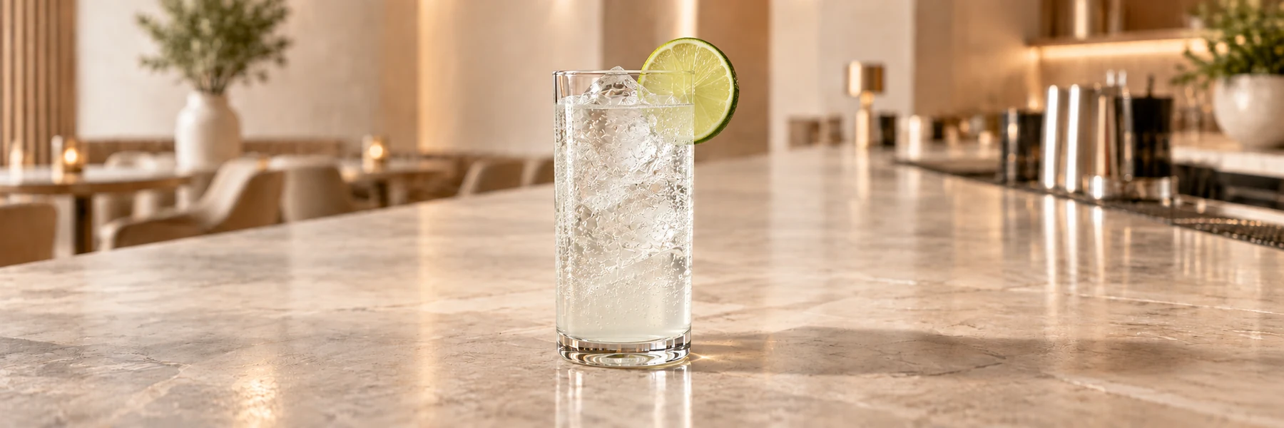 Ranch Water med is og limeskive i et høyt glass i en lys bar