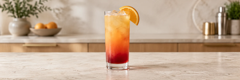 Tequila Sunrise i høyt glass med is, appelsinjuice, rød grenadin i bunnen og appelsinskive