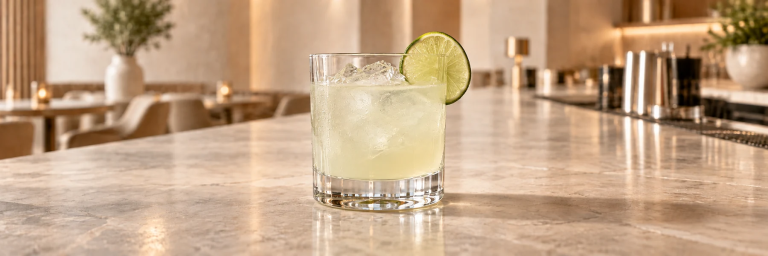 Lett uklar Tommy’s Margarita med is og en liten limeskive i et lavt rocks-glass