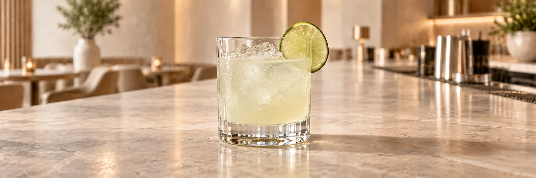 Lett uklar Tommy’s Margarita med is og en liten limeskive i et lavt rocks-glass