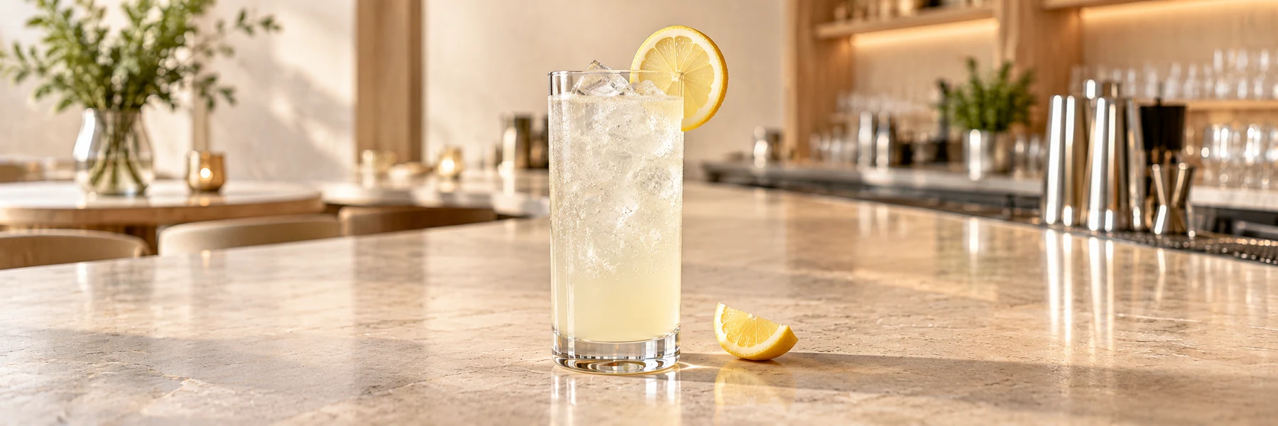 Tom Collins med is og sitronskive i et høyt glass